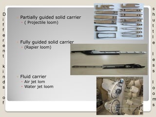 ◦ Partially guided solid carrier
 ( Projectile loom)
◦ Fully guided solid carrier
 (Rapier loom)
◦ Fluid carrier
 Air jet lom
 Water jet loom
D
i
f
f
e
r
e
n
t
k
i
n
d
s
o
f
s
h
u
t
t
l
e
l
e
s
s
l
o
o
m
sVignesh Dhanabalan -
vigneshdhanabalan@hotmail.com
 