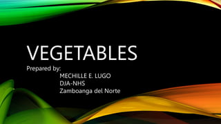 VEGETABLES
Prepared by:
MECHILLE E. LUGO
DJA-NHS
Zamboanga del Norte
 