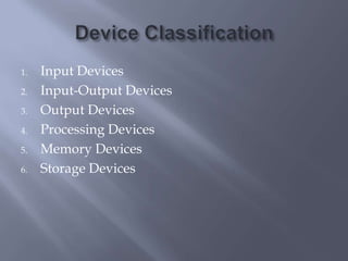 Device ClassificationInput DevicesInput-Output DevicesOutput DevicesProcessing DevicesMemory DevicesStorage Devices