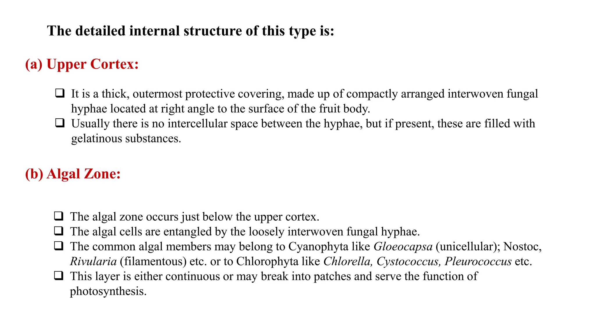 The detailed internal structure of this type is:
(a) Upper Cortex:
 It is a thick, outermost protective covering, made up of compactly arranged interwoven fungal
hyphae located at right angle to the surface of the fruit body.
 Usually there is no intercellular space between the hyphae, but if present, these are filled with
gelatinous substances.
(b) Algal Zone:
 The algal zone occurs just below the upper cortex.
 The algal cells are entangled by the loosely interwoven fungal hyphae.
 The common algal members may belong to Cyanophyta like Gloeocapsa (unicellular); Nostoc,
Rivularia (filamentous) etc. or to Chlorophyta like Chlorella, Cystococcus, Pleurococcus etc.
 This layer is either continuous or may break into patches and serve the function of
photosynthesis.
 