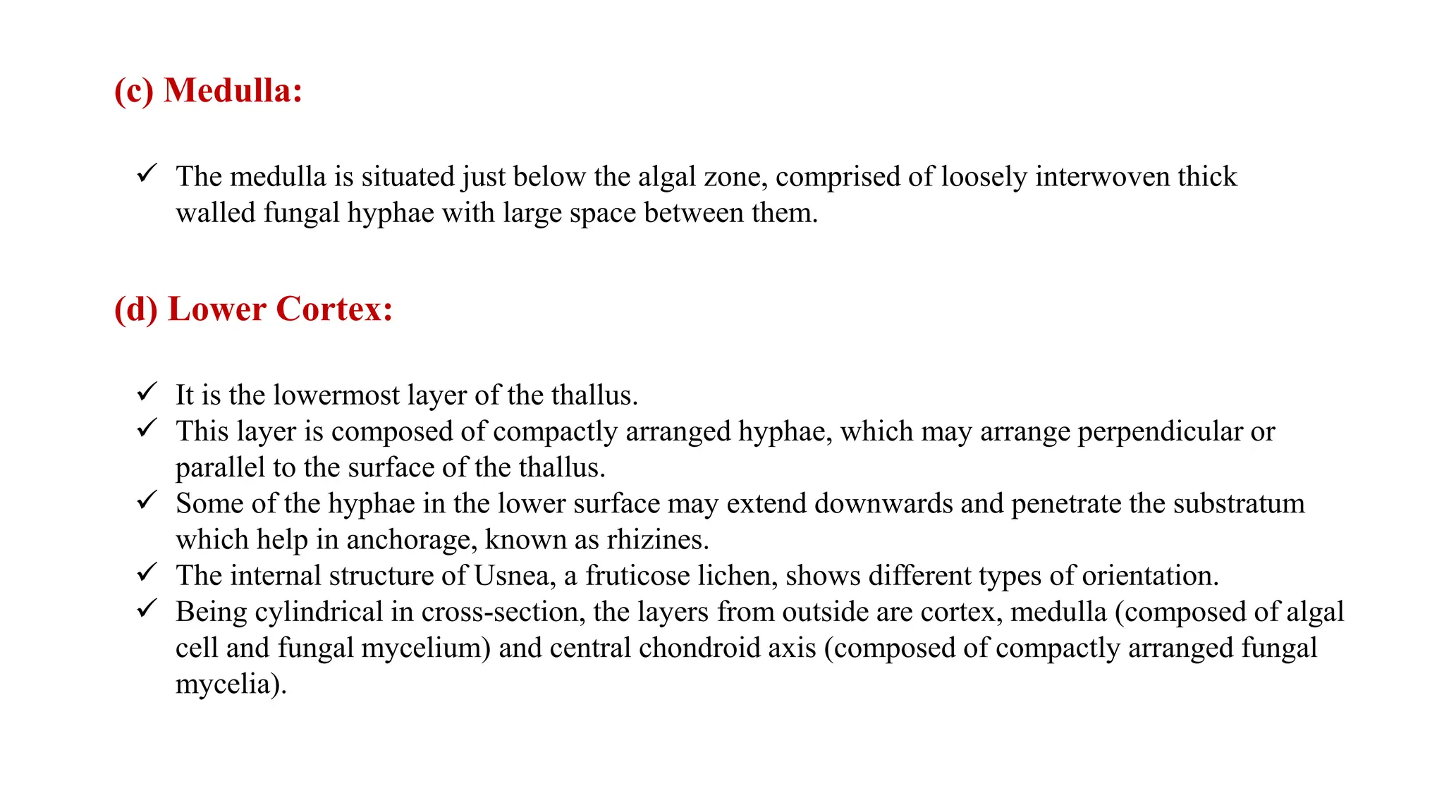 (c) Medulla:
 The medulla is situated just below the algal zone, comprised of loosely interwoven thick
walled fungal hyphae with large space between them.
(d) Lower Cortex:
 It is the lowermost layer of the thallus.
 This layer is composed of compactly arranged hyphae, which may arrange perpendicular or
parallel to the surface of the thallus.
 Some of the hyphae in the lower surface may extend downwards and penetrate the substratum
which help in anchorage, known as rhizines.
 The internal structure of Usnea, a fruticose lichen, shows different types of orientation.
 Being cylindrical in cross-section, the layers from outside are cortex, medulla (composed of algal
cell and fungal mycelium) and central chondroid axis (composed of compactly arranged fungal
mycelia).
 