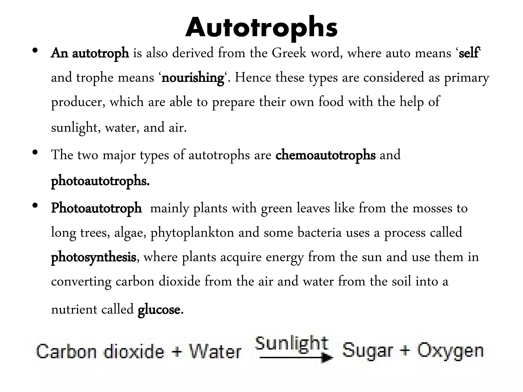 Autotrophs
• An autotroph is also derived from the Greek word, where auto means ‘self‘
and trophe means ‘nourishing‘. Hence these types are considered as primary
producer, which are able to prepare their own food with the help of
sunlight, water, and air.
• The two major types of autotrophs are chemoautotrophs and
photoautotrophs.
• Photoautotroph mainly plants with green leaves like from the mosses to
long trees, algae, phytoplankton and some bacteria uses a process called
photosynthesis, where plants acquire energy from the sun and use them in
converting carbon dioxide from the air and water from the soil into a
nutrient called glucose.
 
