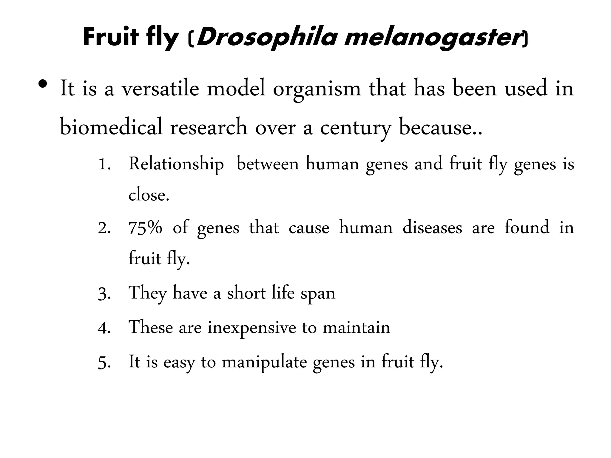 Fruit fly (Drosophila melanogaster)
• It is a versatile model organism that has been used in
biomedical research over a century because..
1. Relationship between human genes and fruit fly genes is
close.
2. 75% of genes that cause human diseases are found in
fruit fly.
3. They have a short life span
4. These are inexpensive to maintain
5. It is easy to manipulate genes in fruit fly.
 