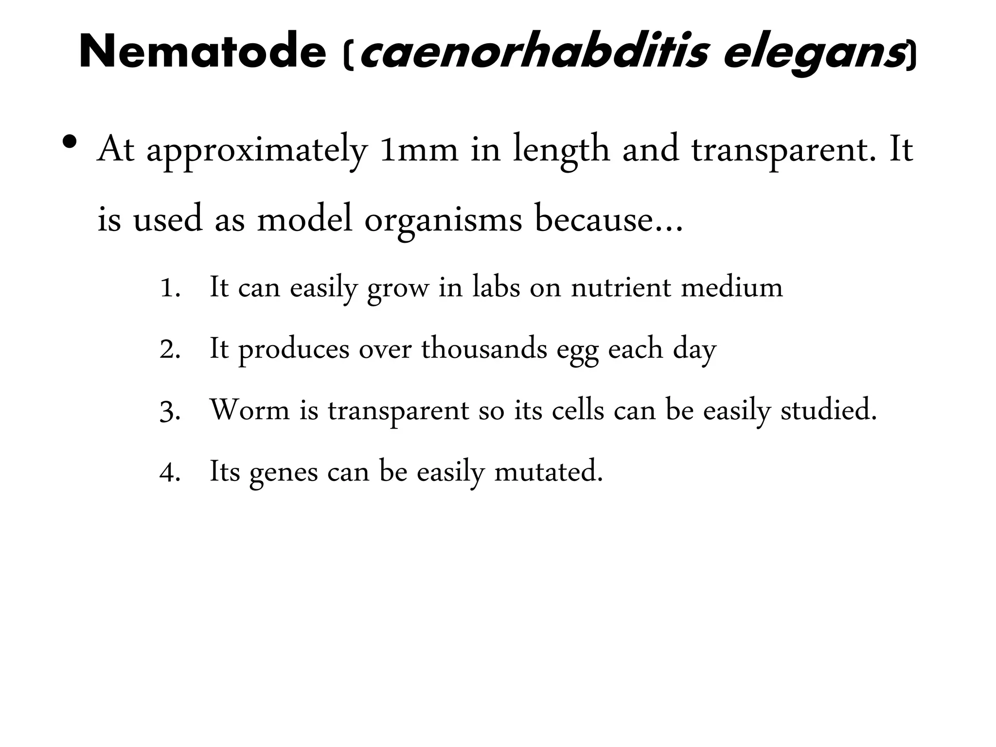 Nematode (caenorhabditis elegans)
• At approximately 1mm in length and transparent. It
is used as model organisms because…
1. It can easily grow in labs on nutrient medium
2. It produces over thousands egg each day
3. Worm is transparent so its cells can be easily studied.
4. Its genes can be easily mutated.
 