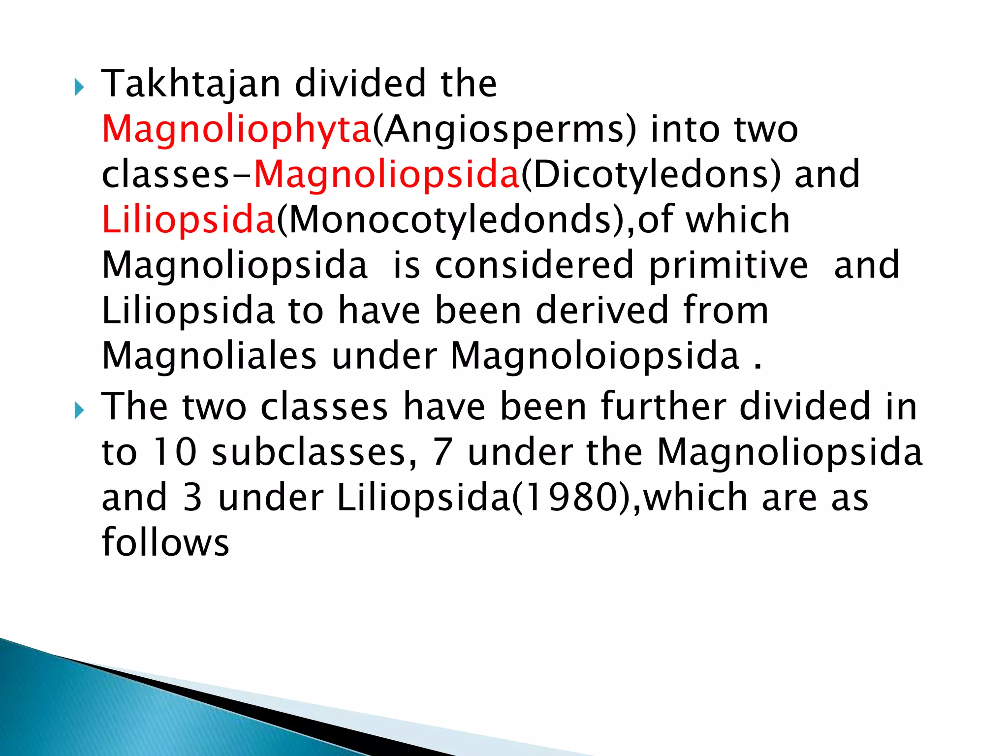  Takhtajan divided the
Magnoliophyta(Angiosperms) into two
classes-Magnoliopsida(Dicotyledons) and
Liliopsida(Monocotyledonds),of which
Magnoliopsida is considered primitive and
Liliopsida to have been derived from
Magnoliales under Magnoloiopsida .
 The two classes have been further divided in
to 10 subclasses, 7 under the Magnoliopsida
and 3 under Liliopsida(1980),which are as
follows
 