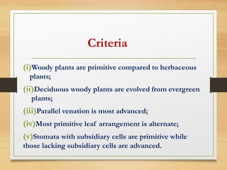 (i)Woody plants are primitive compared to herbaceous
plants;
(ii)Deciduous woody plants are evolved from evergreen
plants;
(iii)Parallel venation is most advanced;
(iv)Most primitive leaf arrangement is alternate;
(v)Stomata with subsidiary cells are primitive while
those lacking subsidiary cells are advanced.
Criteria
 