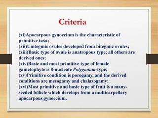 (xi)Apocarpous gynoecium is the characteristic of
primitive taxa;
(xii)Unitegmic ovules developed from bitegmic ovules;
(xiii)Basic type of ovule is anatropous type; all others are
derived ones;
(xiv)Basic and most primitive type of female
gametophyte is 8-nucleate Polygonum-type;
(xv)Primitive condition is porogamy, and the derived
conditions are mesogamy and chalazogamy;
(xvi)Most primitive and basic type of fruit is a many-
seeded follicle which develops from a multicarpellary
apocarpous gynoecium.
Criteria
 
