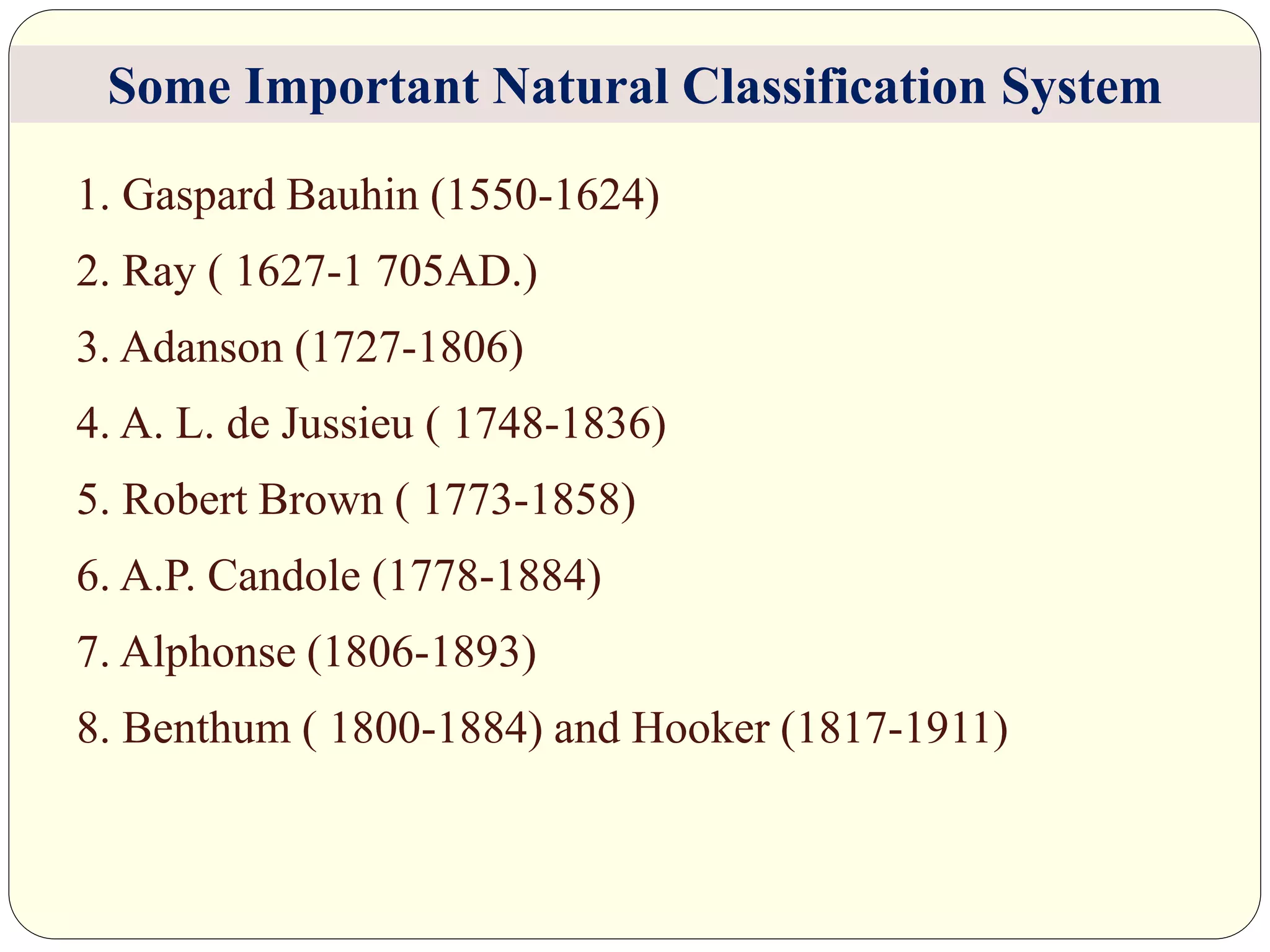 1. Gaspard Bauhin (1550-1624)
2. Ray ( 1627-1 705AD.)
3. Adanson (1727-1806)
4. A. L. de Jussieu ( 1748-1836)
5. Robert Brown ( 1773-1858)
6. A.P. Candole (1778-1884)
7. Alphonse (1806-1893)
8. Benthum ( 1800-1884) and Hooker (1817-1911)
Some Important Natural Classification System
 