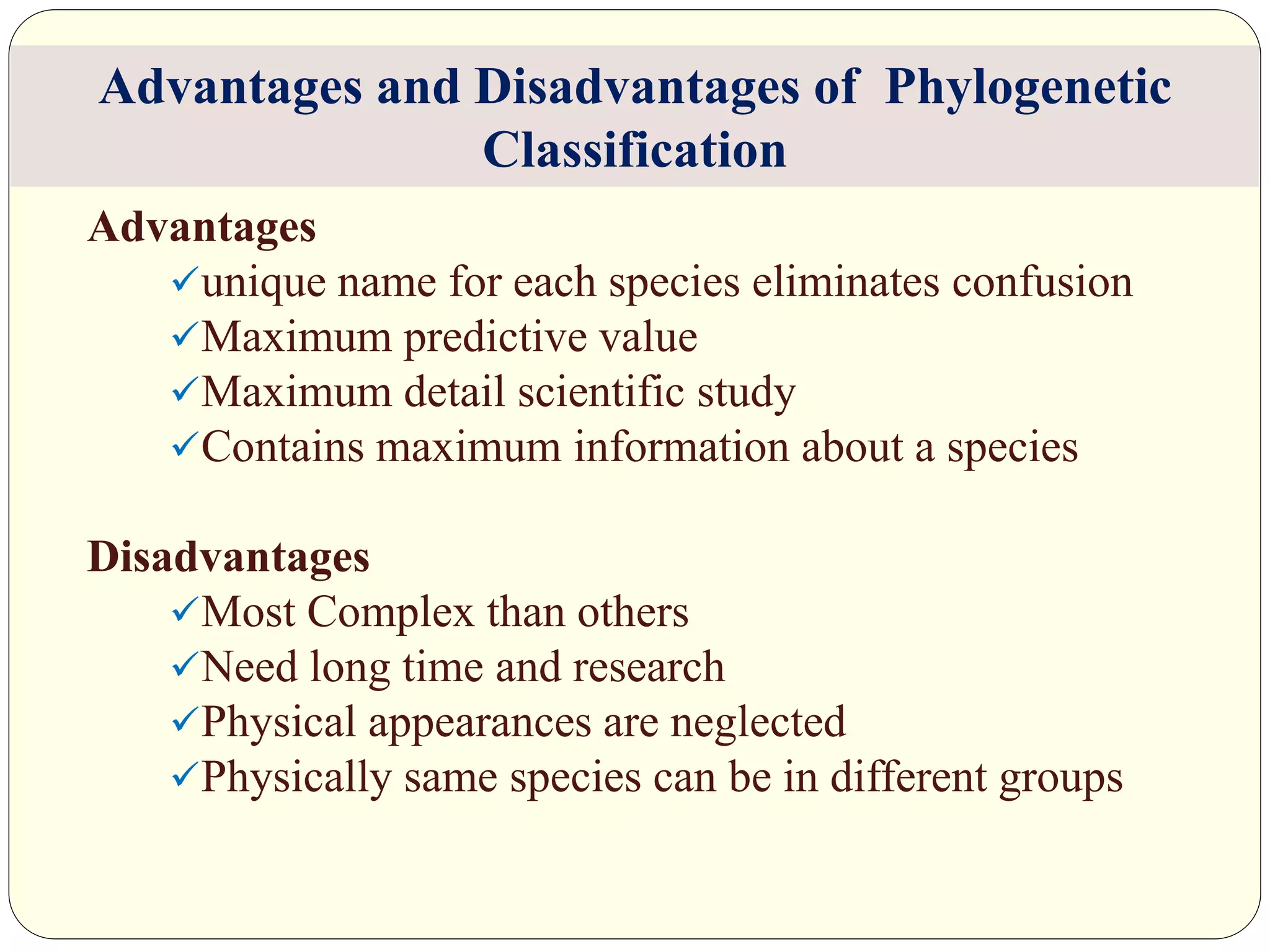 Advantages
unique name for each species eliminates confusion
Maximum predictive value
Maximum detail scientific study
Contains maximum information about a species
Disadvantages
Most Complex than others
Need long time and research
Physical appearances are neglected
Physically same species can be in different groups
Advantages and Disadvantages of Phylogenetic
Classification
 