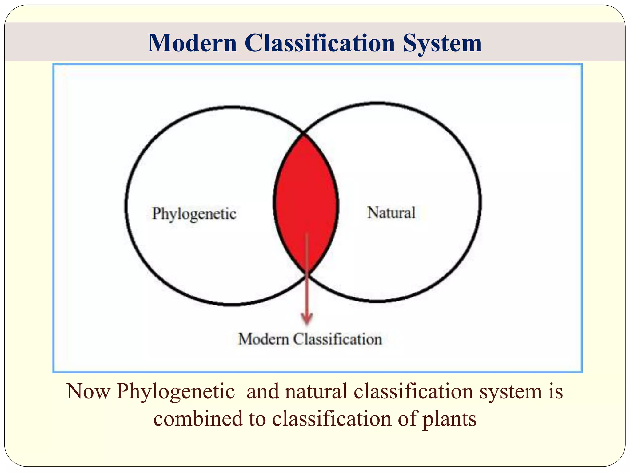 Now Phylogenetic and natural classification system is
combined to classification of plants
Modern Classification System
 