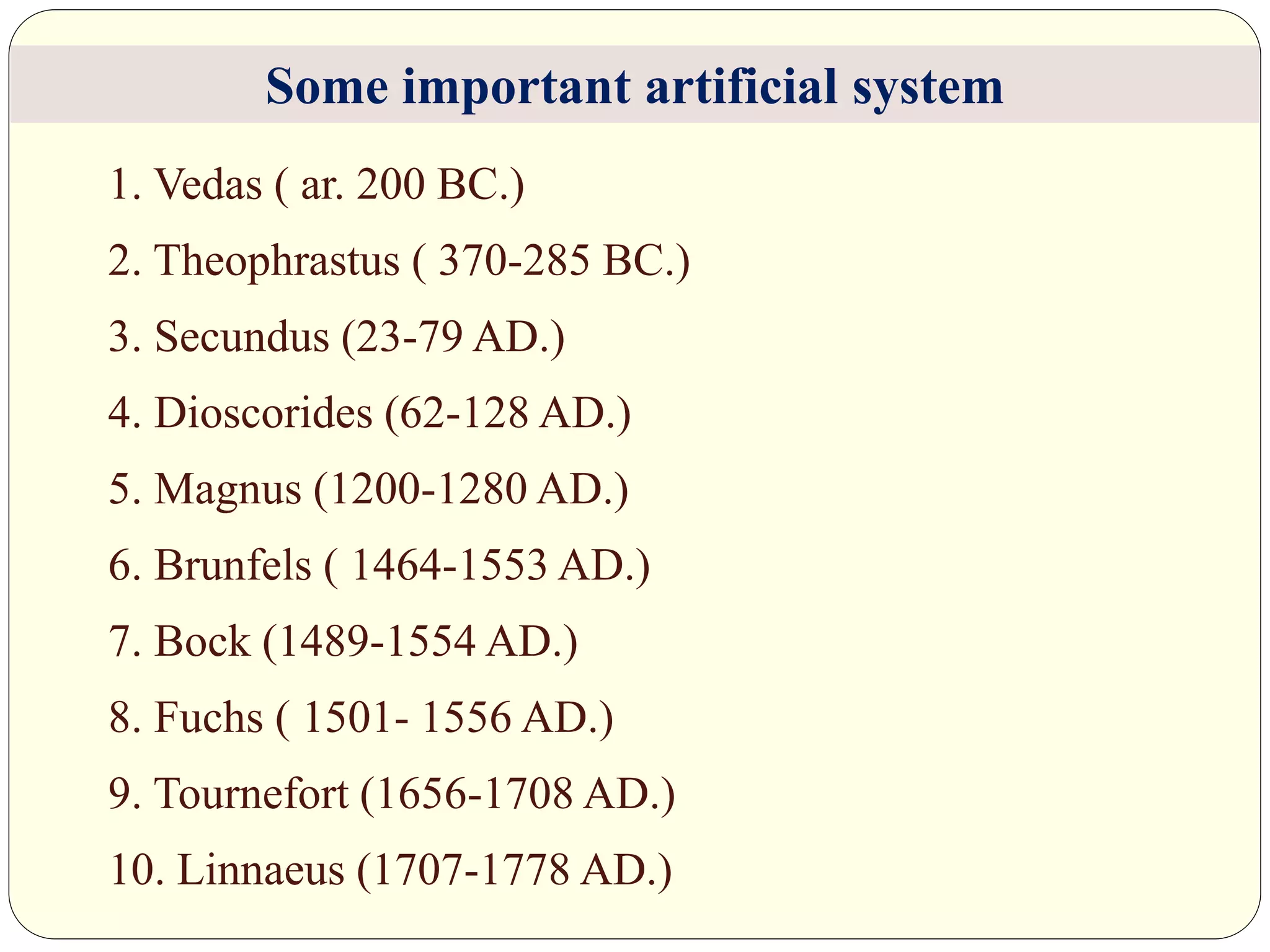 1. Vedas ( ar. 200 BC.)
2. Theophrastus ( 370-285 BC.)
3. Secundus (23-79 AD.)
4. Dioscorides (62-128 AD.)
5. Magnus (1200-1280 AD.)
6. Brunfels ( 1464-1553 AD.)
7. Bock (1489-1554 AD.)
8. Fuchs ( 1501- 1556 AD.)
9. Tournefort (1656-1708 AD.)
10. Linnaeus (1707-1778 AD.)
Some important artificial system
 