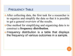 FREQUENCY TABLE
 After collecting data, the first task for a researcher is
to organize and simplify the data so that it is possible
to get a general overview of the results.
 One method for simplifying and organizing data is to
construct a frequency distribution.
 Frequency distribution is a table that displays
the frequency of various outcomes in a sample.
23
 