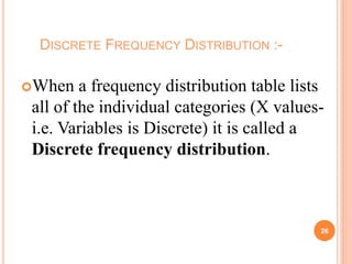 DISCRETE FREQUENCY DISTRIBUTION :-
When a frequency distribution table lists
all of the individual categories (X values-
i.e. Variables is Discrete) it is called a
Discrete frequency distribution.
26
 