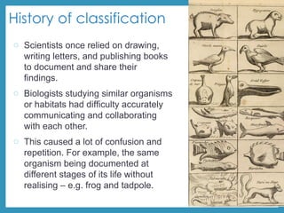 History of classification
o Scientists once relied on drawing,
writing letters, and publishing books
to document and share their
findings.
o Biologists studying similar organisms
or habitats had difficulty accurately
communicating and collaborating
with each other.
o This caused a lot of confusion and
repetition. For example, the same
organism being documented at
different stages of its life without
realising – e.g. frog and tadpole.
 