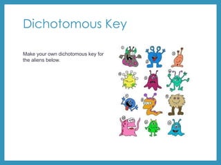 Dichotomous Key
Make your own dichotomous key for
the aliens below.
 