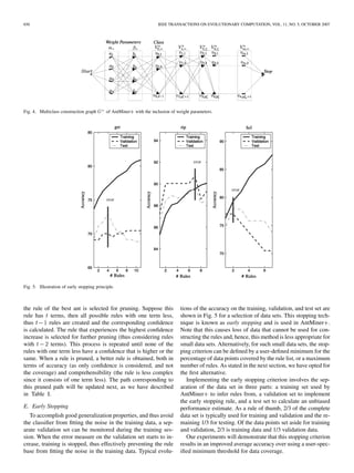 656 IEEE TRANSACTIONS ON EVOLUTIONARY COMPUTATION, VOL. 11, NO. 5, OCTOBER 2007
Fig. 4. Multiclass construction graph G of AntMiner+ with the inclusion of weight parameters.
Fig. 5. Illustration of early stopping principle.
the rule of the best ant is selected for pruning. Suppose this
rule has terms, then all possible rules with one term less,
thus rules are created and the corresponding conﬁdence
is calculated. The rule that experiences the highest conﬁdence
increase is selected for further pruning (thus considering rules
with terms). This process is repeated until none of the
rules with one term less have a conﬁdence that is higher or the
same. When a rule is pruned, a better rule is obtained, both in
terms of accuracy (as only conﬁdence is considered, and not
the coverage) and comprehensibility (the rule is less complex
since it consists of one term less). The path corresponding to
this pruned path will be updated next, as we have described
in Table I.
E. Early Stopping
To accomplish good generalization properties, and thus avoid
the classiﬁer from ﬁtting the noise in the training data, a sep-
arate validation set can be monitored during the training ses-
sion. When the error measure on the validation set starts to in-
crease, training is stopped, thus effectively preventing the rule
base from ﬁtting the noise in the training data. Typical evolu-
tions of the accuracy on the training, validation, and test set are
shown in Fig. 5 for a selection of data sets. This stopping tech-
nique is known as early stopping and is used in AntMiner .
Note that this causes loss of data that cannot be used for con-
structing the rules and, hence, this method is less appropriate for
small data sets. Alternatively, for such small data sets, the stop-
ping criterion can be deﬁned by a user-deﬁned minimum for the
percentage of data points covered by the rule list, or a maximum
number of rules. As stated in the next section, we have opted for
the ﬁrst alternative.
Implementing the early stopping criterion involves the sep-
aration of the data set in three parts: a training set used by
AntMiner to infer rules from, a validation set to implement
the early stopping rule, and a test set to calculate an unbiased
performance estimate. As a rule of thumb, 2/3 of the complete
data set is typically used for training and validation and the re-
maining 1/3 for testing. Of the data points set aside for training
and validation, 2/3 is training data and 1/3 validation data.
Our experiments will demonstrate that this stopping criterion
results in an improved average accuracy over using a user-spec-
iﬁed minimum threshold for data coverage.
 