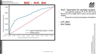 © 2020 MUST India
ROC - AUC, Gini
● AUC – Desirable for multiple reasons
● Successfully combines TP, N, FP, FN, Precisi
Recall etc into a single metric which can be used ac
models.
● Invariant to decision boundary’s threshold v
● Lift, Gain,
● Gini Index
 