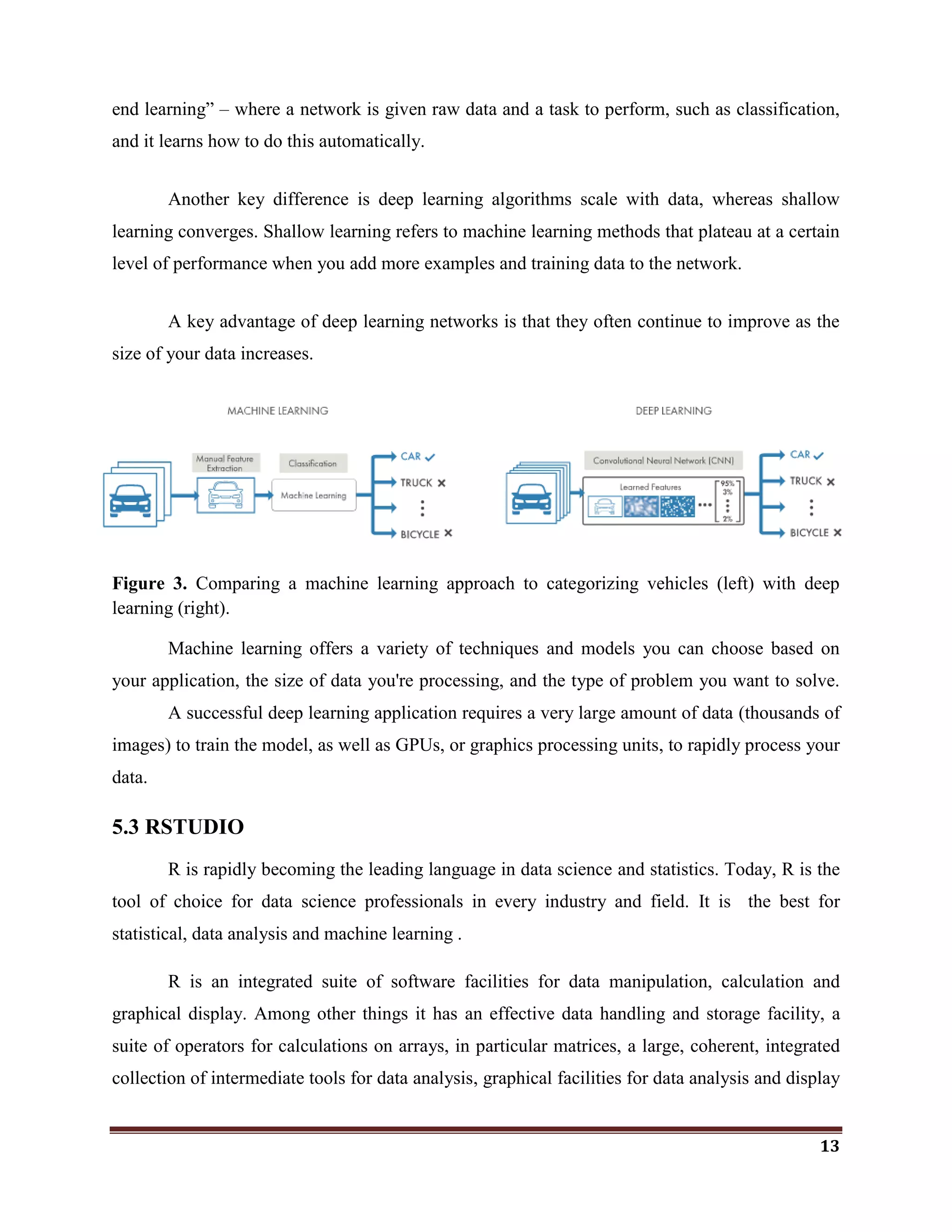 13
end learning‖ – where a network is given raw data and a task to perform, such as classification,
and it learns how to do this automatically.
Another key difference is deep learning algorithms scale with data, whereas shallow
learning converges. Shallow learning refers to machine learning methods that plateau at a certain
level of performance when you add more examples and training data to the network.
A key advantage of deep learning networks is that they often continue to improve as the
size of your data increases.
Figure 3. Comparing a machine learning approach to categorizing vehicles (left) with deep
learning (right).
Machine learning offers a variety of techniques and models you can choose based on
your application, the size of data you're processing, and the type of problem you want to solve.
A successful deep learning application requires a very large amount of data (thousands of
images) to train the model, as well as GPUs, or graphics processing units, to rapidly process your
data.
5.3 RSTUDIO
R is rapidly becoming the leading language in data science and statistics. Today, R is the
tool of choice for data science professionals in every industry and field. It is the best for
statistical, data analysis and machine learning .
R is an integrated suite of software facilities for data manipulation, calculation and
graphical display. Among other things it has an effective data handling and storage facility, a
suite of operators for calculations on arrays, in particular matrices, a large, coherent, integrated
collection of intermediate tools for data analysis, graphical facilities for data analysis and display
 