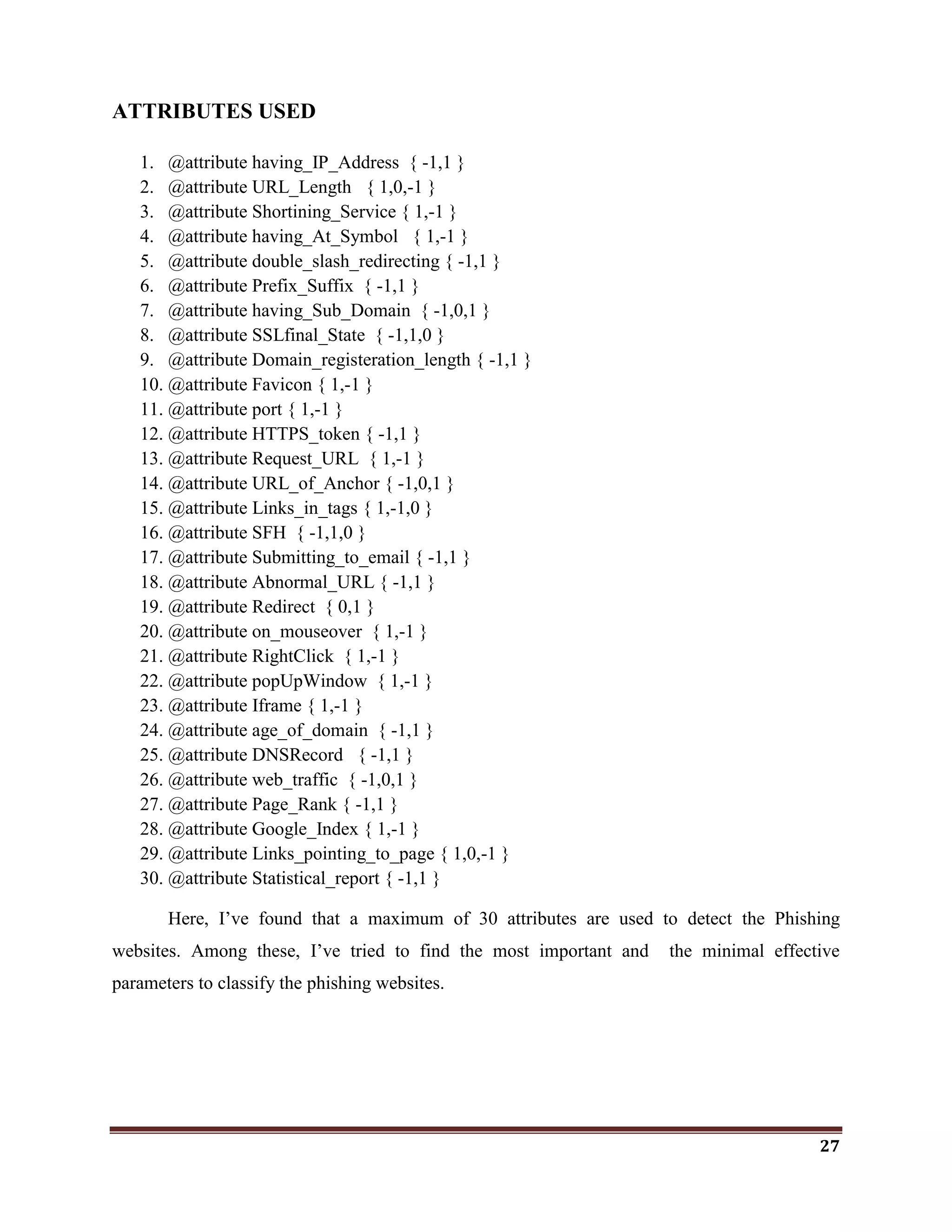 27
ATTRIBUTES USED
1. @attribute having_IP_Address { -1,1 }
2. @attribute URL_Length { 1,0,-1 }
3. @attribute Shortining_Service { 1,-1 }
4. @attribute having_At_Symbol { 1,-1 }
5. @attribute double_slash_redirecting { -1,1 }
6. @attribute Prefix_Suffix { -1,1 }
7. @attribute having_Sub_Domain { -1,0,1 }
8. @attribute SSLfinal_State { -1,1,0 }
9. @attribute Domain_registeration_length { -1,1 }
10. @attribute Favicon { 1,-1 }
11. @attribute port { 1,-1 }
12. @attribute HTTPS_token { -1,1 }
13. @attribute Request_URL { 1,-1 }
14. @attribute URL_of_Anchor { -1,0,1 }
15. @attribute Links_in_tags { 1,-1,0 }
16. @attribute SFH { -1,1,0 }
17. @attribute Submitting_to_email { -1,1 }
18. @attribute Abnormal_URL { -1,1 }
19. @attribute Redirect { 0,1 }
20. @attribute on_mouseover { 1,-1 }
21. @attribute RightClick { 1,-1 }
22. @attribute popUpWindow { 1,-1 }
23. @attribute Iframe { 1,-1 }
24. @attribute age_of_domain { -1,1 }
25. @attribute DNSRecord { -1,1 }
26. @attribute web_traffic { -1,0,1 }
27. @attribute Page_Rank { -1,1 }
28. @attribute Google_Index { 1,-1 }
29. @attribute Links_pointing_to_page { 1,0,-1 }
30. @attribute Statistical_report { -1,1 }
Here, I‘ve found that a maximum of 30 attributes are used to detect the Phishing
websites. Among these, I‘ve tried to find the most important and the minimal effective
parameters to classify the phishing websites.
 