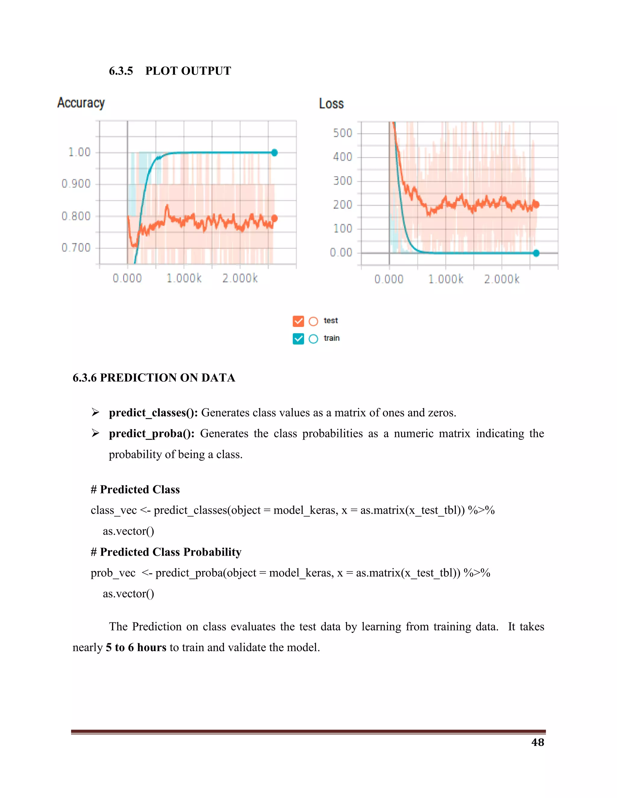48
6.3.5 PLOT OUTPUT
6.3.6 PREDICTION ON DATA
 predict_classes(): Generates class values as a matrix of ones and zeros.
 predict_proba(): Generates the class probabilities as a numeric matrix indicating the
probability of being a class.
# Predicted Class
class_vec <- predict_classes(object = model_keras, x = as.matrix(x_test_tbl)) %>%
as.vector()
# Predicted Class Probability
prob_vec <- predict_proba(object = model_keras, x = as.matrix(x_test_tbl)) %>%
as.vector()
The Prediction on class evaluates the test data by learning from training data. It takes
nearly 5 to 6 hours to train and validate the model.
 