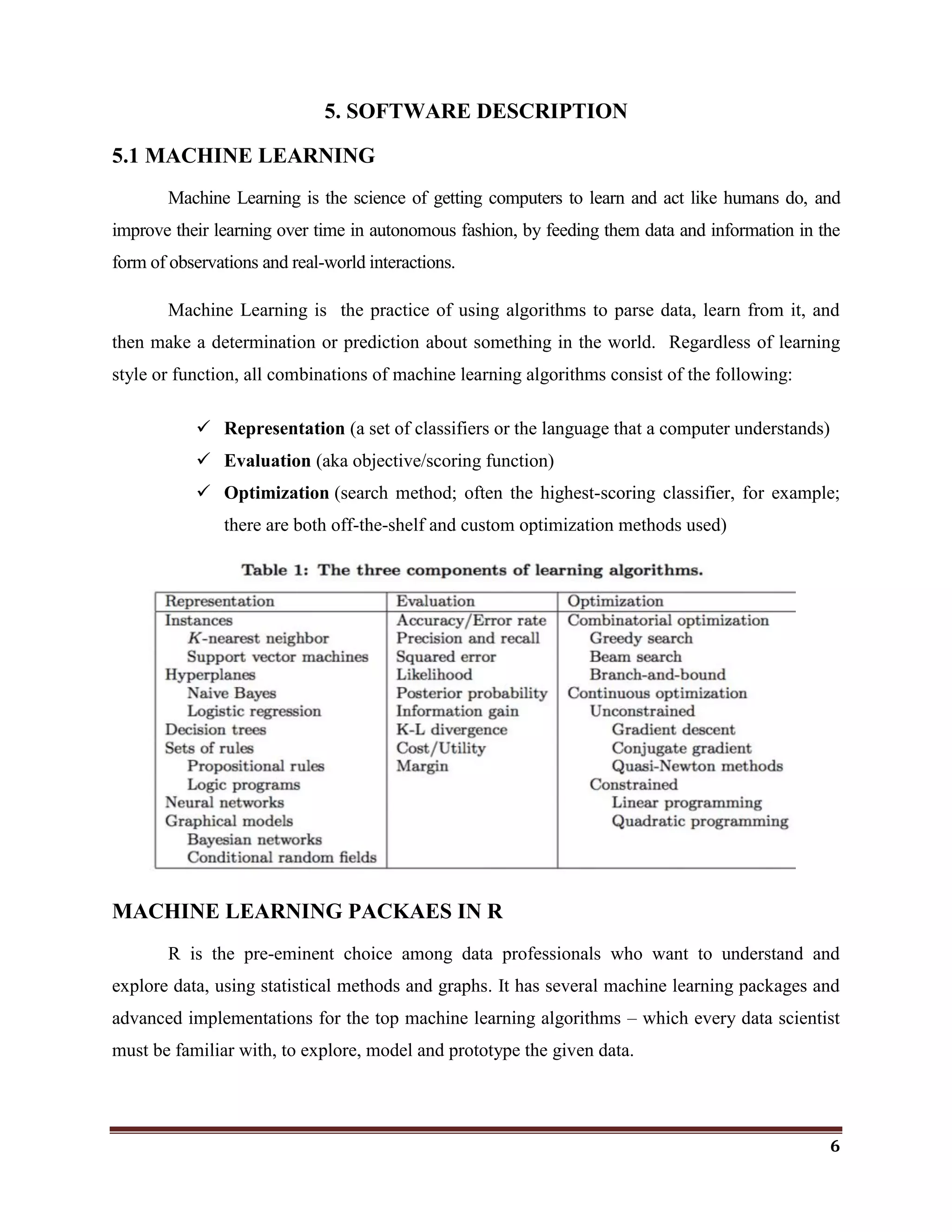 6
5. SOFTWARE DESCRIPTION
5.1 MACHINE LEARNING
Machine Learning is the science of getting computers to learn and act like humans do, and
improve their learning over time in autonomous fashion, by feeding them data and information in the
form of observations and real-world interactions.
Machine Learning is the practice of using algorithms to parse data, learn from it, and
then make a determination or prediction about something in the world. Regardless of learning
style or function, all combinations of machine learning algorithms consist of the following:
 Representation (a set of classifiers or the language that a computer understands)
 Evaluation (aka objective/scoring function)
 Optimization (search method; often the highest-scoring classifier, for example;
there are both off-the-shelf and custom optimization methods used)
MACHINE LEARNING PACKAES IN R
R is the pre-eminent choice among data professionals who want to understand and
explore data, using statistical methods and graphs. It has several machine learning packages and
advanced implementations for the top machine learning algorithms – which every data scientist
must be familiar with, to explore, model and prototype the given data.
 