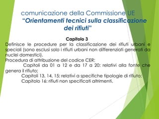 comunicazione della Commissione UE
“Orientamenti tecnici sulla classificazione
dei rifiuti”
Capitolo 3
Definisce le proced...