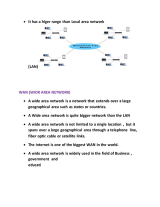  It has a higer range than Local area network
(LAN)
WAN (WIDR AREA NETWORK)
 A wide area network is a network that extends over a large
geographical area such as states or countries.
 A Wide area network is quite bigger network than the LAN
 A wide area network is not limited to a single location , but it
spans over a large geographical area through a telephone line,
fiber optic cable or satellite links.
 The internet is one of the biggest WAN in the world.
 A wide area network is widely used in the field of Business ,
government and
educati
 