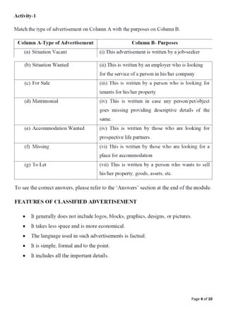 Classified Advertisements NOTES for Compositions | English CBSE XI, XII ...