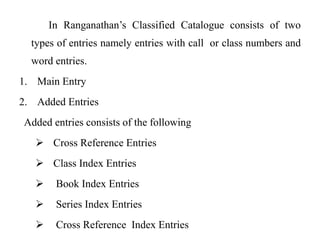 In Ranganathan’s Classified Catalogue consists of two 
types of entries namely entries with call or class numbers and 
word entries. 
1. Main Entry 
2. Added Entries 
Added entries consists of the following 
 Cross Reference Entries 
 Class Index Entries 
 Book Index Entries 
 Series Index Entries 
 Cross Reference Index Entries 
 