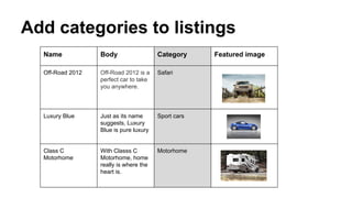 Add categories to listings
Name Body Category Featured image
Off-Road 2012 Off-Road 2012 is a
perfect car to take
you anywhere.
Safari
Luxury Blue Just as its name
suggests, Luxury
Blue is pure luxury
Sport cars
Class C
Motorhome
With Classs C
Motorhome, home
really is where the
heart is.
Motorhome
 