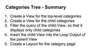 Categories Tree - Summary
1. Create a View for the top-level categories
2. Create a View for the child categories
3. Filter the query of the child-View, so that it
displays only child categories
4. Insert the child View into the Loop Output of
the parent View
5. Create a Layout for the category page
 