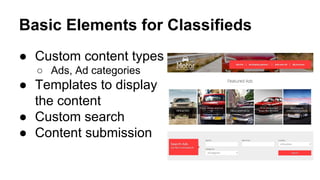 Basic Elements for Classifieds
● Custom content types
○ Ads, Ad categories
● Templates to display
the content
● Custom search
● Content submission
 