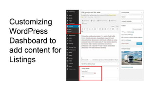 Customizing
WordPress
Dashboard to
add content for
Listings
 