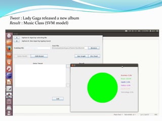 Tweet : Lady Gaga released a new album
Result : Music Class (SVM model)
 