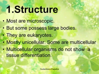 1.Structure
• Most are microscopic.
• But some possess large bodies.
• They are eukaryotes.
• Mostly unicellular. Some are multicellular
• Multicellular organisms do not show a
tissue differentiation.
Sudarshana Elapatha
 