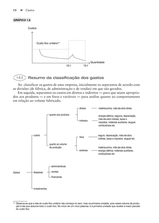 14            Custos


GRÁFICO 1.9


                Custos




                         Custo ﬁxo unitário10




                                                                            Quantidade
                                                        10 t        15 t



     1.6.3      Resumo da classiﬁcação dos gastos
   Ao classificar os gastos de uma empresa, inicialmente os separamos de acordo com
as divisões (de fábrica, de administração e de vendas) em que são gerados.
   Em seguida, separamos os custos em diretos e indiretos — para que sejam apropria-
dos aos produtos — e em fixos e variáveis — para análise quanto ao comportamento
em relação ao volume fabricado.

                                                                diretos           matéria-prima, mão-de-obra direta

                                     quanto aos produtos                          energia elétrica, seguros, depreciação,
                                                                                  mão-de-obra indireta, taxas e
                                                                indiretos
                                                                                  impostos, materiais auxiliares, aluguel,
                                                                                  combustíveis etc.


                     custos                                                       seguro, depreciação, mão-de-obra
                                                                ﬁxos
                                                                                  indireta, taxas e impostos, aluguel etc.

                                     quanto ao volume
                                     de produção                                  matéria-prima, mão-de-obra direta,
                                                                variáveis         energia elétrica, materiais auxiliares,
                                                                                  combustíveis etc.



                                      administrativas

Gastos               despesas         vendas

                                      ﬁnanceiras



                     investimentos




10
     Observa-se que a reta do custo ﬁxo unitário não começa no zero, mas na primeira unidade, pois nesse volume de produ-
     ção é ela que absorve todo o custo ﬁxo. No início de um novo patamar, é a primeira unidade que recebe a maior parcela
     do custo ﬁxo.
 
