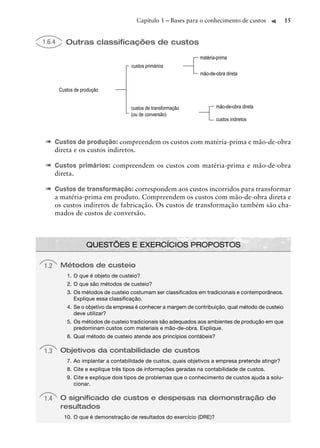 Capítulo 1 – Bases para o conhecimento de custos              15


1.6.4      Outras classiﬁcações de custos

                                                                matéria-prima
                                    custos primários
                                                                mão-de-obra direta


        Custos de produção


                                    custos de transformação             mão-de-obra direta
                                    (ou de conversão)
                                                                        custos indiretos



 ➠ Custos de produção: compreendem os custos com matéria-prima e mão-de-obra
      direta e os custos indiretos.

 ➠ Custos primários: compreendem os custos com matéria-prima e mão-de-obra
      direta.

 ➠ Custos de transformação: correspondem aos custos incorridos para transformar
      a matéria-prima em produto. Compreendem os custos com mão-de-obra direta e
      os custos indiretos de fabricação. Os custos de transformação também são cha-
      mados de custos de conversão.



                    QUESTÕES E EXERCÍCIOS PROPOSTOS

1.2     Métodos de custeio
           1. O que é objeto de custeio?
           2. O que são métodos de custeio?
           3. Os métodos de custeio costumam ser classiﬁcados em tradicionais e contemporâneos.
              Explique essa classiﬁcação.
           4. Se o objetivo da empresa é conhecer a margem de contribuição, qual método de custeio
              deve utilizar?
           5. Os métodos de custeio tradicionais são adequados aos ambientes de produção em que
              predominam custos com materiais e mão-de-obra. Explique.
           6. Qual método de custeio atende aos princípios contábeis?

1.3     Objetivos da contabilidade de custos
           7. Ao implantar a contabilidade de custos, quais objetivos a empresa pretende atingir?
           8. Cite e explique três tipos de informações geradas na contabilidade de custos.
           9. Cite e explique dois tipos de problemas que o conhecimento de custos ajuda a solu-
              cionar.

1.4     O signiﬁcado de custos e despesas na demonstração de
        resultados
          10. O que é demonstração de resultados do exercício (DRE)?
 