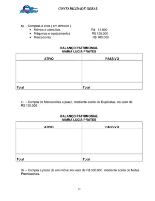 CONTABILIDADE GERAL




  b) – Compras à vista ( em dinheiro )
        • Móveis e utensílios                         R$ 15.000
        • Máquinas e equipamentos                     R$ 125.000
        • Mercadorias                                  R$ 100.000


                              BALANÇO PATRIMONIAL
                               MARIA LUCIA PRATES

                  ATIVO                                       PASSIVO




Total                                         Total



  c) – Compra de Mercadorias a prazo, mediante aceite de Duplicatas, no valor de
  R$ 150.000


                              BALANÇO PATRIMONIAL
                               MARIA LUCIA PRATES

                  ATIVO                                       PASSIVO




Total                                         Total


  d) – Compra a prazo de um imóvel no valor de R$ 500.000, mediante aceite de Notas
  Promissórias.



                                         17
 