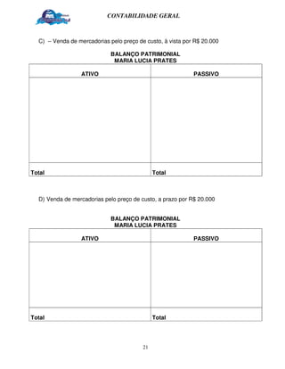 CONTABILIDADE GERAL



  C) – Venda de mercadorias pelo preço de custo, à vista por R$ 20.000

                             BALANÇO PATRIMONIAL
                              MARIA LUCIA PRATES

                  ATIVO                                     PASSIVO




Total                                         Total



  D) Venda de mercadorias pelo preço de custo, a prazo por R$ 20.000


                             BALANÇO PATRIMONIAL
                              MARIA LUCIA PRATES

                  ATIVO                                     PASSIVO




Total                                         Total




                                         21
 