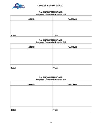 CONTABILIDADE GERAL


                  BALANÇO PATRIMONIAL
                Empresa Comercial Paraíba S/A

        ATIVO                                   PASSIVO




Total                             Total

                  BALANÇO PATRIMONIAL
                Empresa Comercial Paraíba S/A

        ATIVO                                   PASSIVO




Total                             Total



                  BALANÇO PATRIMONIAL
                Empresa Comercial Paraíba S/A

        ATIVO                                   PASSIVO




Total                             Total




                             24
 