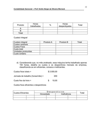12
Contabilidade Gerencial –- Prof: Emilio Sérgio de Oliveira Werneck




                        Horas                                   Horas
    Produto                                     %                           Total
                     trabalhadas                            desperdiçadas
       A
       B
      Total

Custeio Integral

Custeio integral                      Produto A             Produto B       Total
Custos variáveis
Custos Fixos
Custo total
Unidades produzidas
Custo Unitário



   d) Considerando que, no mês analisado, essa máquina tenha trabalhado apenas
      150 horas, detalhe os custos e os desperdícios mensais da empresa,
      classificando-os em eficientes, ociosos e ineficientes.

Custos fixos totais =                       $ 2.000,00

Jornada de trabalho (horas/mês) =                    200

Custo fixo da hora =                        $       10,00

Custos fixos eficientes e desperdícios


                                        Desperdícios
Custos Eficientes                                                             Total
                                 Ociosidade       Ineficiência
 