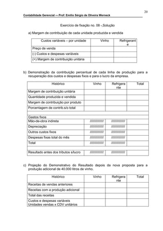 20
Contabilidade Gerencial –- Prof: Emilio Sérgio de Oliveira Werneck


                            Exercício de fixação no. 08 -,Solução

   a) Margem de contribuição de cada unidade produzida e vendida

             Custos variáveis – por unidade                  Vinho            Refrigerant
                                                                                   e
      Preço de venda
      (-) Custos e despesas variáveis
      (=) Margem de contribuição unitária


b) Demonstração da contribuição percentual de cada linha de produção para a
   recuperação dos custos e despesas fixos e para o lucro da empresa.

                     Histórico                       Vinho           Refrigera              Total
                                                                       nte
   Margem de contribuição unitária
   Quantidade produzida e vendida
   Margem de contribuição por produto
   Porcentagem de contrib.s/o total

   Gastos fixos
   Mão-de-obra indireta                           ///////////////    ///////////////
   Depreciação                                    ///////////////    ///////////////
   Outros custos fixos                            ///////////////    ///////////////
   Despesas fixas total do mês                    ///////////////    ///////////////
   Total                                          ///////////////    ///////////////

   Resultado antes dos tributos s/lucro           ///////////////    ///////////////


c) Projeção do Demonstrativo do Resultado depois da nova proposta para a
   produção adicional de 40.000 litros de vinho.

                     Histórico                       Vinho           Refrigera              Total
                                                                       nte
   Receitas de vendas anteriores
   Receitas com a produção adicional
   Total das receitas
   Custos e despesas variáveis
   Unidades vendas x CDV unitários
 