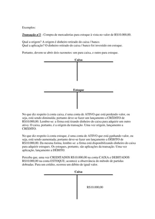 Exemplos:

Transação nº1 - Compra de mercadorias para estoque à vista no valor de R$10.000,00.

Qual a origem? A origem é dinheiro retirado do caixa / banco.
Qual a aplicação? O dinheiro retirado do caixa / banco foi investido em estoque.

Portanto, devem-se abrir dois razonetes: um para caixa, e outro para estoque.

                                          Caixa




                                        Estoque




No que diz respeito à conta caixa, é uma conta de ATIVO que está perdendo valor, ou
seja, está sendo diminuída; portanto deve-se fazer um lançamento a CRÉDITO de
R$10.000,00. Lembre-se: a firma está tirando dinheiro do caixa para adquirir um outro
ativo. O caixa, portanto, é a origem da transação. Uma vez origem, lançamento a
CRÉDITO.

No que diz respeito à conta estoque, é uma conta de ATIVO que está ganhando valor, ou
seja, está sendo aumentada; portanto deve-se fazer um lançamento a DÉBITO de
R$10.000,00. Da mesma forma, lembre-se: a firma está disponibilizando dinheiro do caixa
para adquirir estoques. Os estoques, portanto, são aplicações da transação. Uma vez
aplicação, lançamento a DÉBITO.

Perceba que, uma vez CREDITADOS R$10.000,00 na conta CAIXA e DEBITADOS
R$10.000,00 na conta ESTOQUE; acontece a observância do método de partidas
dobradas. Para um crédito, ocorreu um débito de igual valor.

                                         Caixa



                                                   R$10.000,00
 