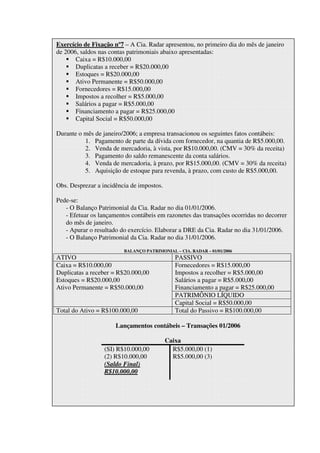 Exercício de Fixação nº7 – A Cia. Radar apresentou, no primeiro dia do mês de janeiro
de 2006, saldos nas contas patrimoniais abaixo apresentadas:
       Caixa = R$10.000,00
       Duplicatas a receber = R$20.000,00
       Estoques = R$20.000,00
       Ativo Permanente = R$50.000,00
       Fornecedores = R$15.000,00
       Impostos a recolher = R$5.000,00
       Salários a pagar = R$5.000,00
       Financiamento a pagar = R$25.000,00
       Capital Social = R$50.000,00

Durante o mês de janeiro/2006; a empresa transacionou os seguintes fatos contábeis:
          1. Pagamento de parte da dívida com fornecedor, na quantia de R$5.000,00.
          2. Venda de mercadoria, à vista, por R$10.000,00. (CMV = 30% da receita)
          3. Pagamento do saldo remanescente da conta salários.
          4. Venda de mercadoria, à prazo, por R$15.000,00. (CMV = 30% da receita)
          5. Aquisição de estoque para revenda, à prazo, com custo de R$5.000,00.

Obs. Desprezar a incidência de impostos.

Pede-se:
   - O Balanço Patrimonial da Cia. Radar no dia 01/01/2006.
   - Efetuar os lançamentos contábeis em razonetes das transações ocorridas no decorrer
   do mês de janeiro.
   - Apurar o resultado do exercício. Elaborar a DRE da Cia. Radar no dia 31/01/2006.
   - O Balanço Patrimonial da Cia. Radar no dia 31/01/2006.

                         BALANÇO PATRIMONIAL – CIA. RADAR – 01/01/2006
ATIVO                                         PASSIVO
Caixa = R$10.000,00                           Fornecedores = R$15.000,00
Duplicatas a receber = R$20.000,00            Impostos a recolher = R$5.000,00
Estoques = R$20.000,00                        Salários a pagar = R$5.000,00
Ativo Permanente = R$50.000,00                Financiamento a pagar = R$25.000,00
                                              PATRIMÔNIO LÍQUIDO
                                              Capital Social = R$50.000,00
Total do Ativo = R$100.000,00                 Total do Passivo = R$100.000,00

                      Lançamentos contábeis – Transações 01/2006

                                           Caixa
                  (SI) R$10.000,00           R$5.000,00 (1)
                  (2) R$10.000,00            R$5.000,00 (3)
                  (Saldo Final)
                  R$10.000,00
 