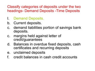 Classify categories of deposits under the two headings- Demand Deposits -Time Deposits  ,[object Object],[object Object],[object Object],[object Object],[object Object],[object Object],[object Object]