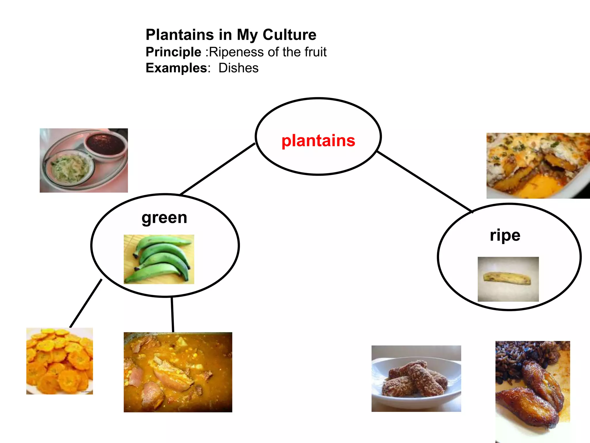 Plantains in My Culture
Principle :Ripeness of the fruit
Examples: Dishes




                       plantains



green
                                   ripe
 