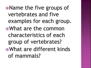 Name the five groups of
vertebrates and five
examples for each group.
What are the common
characteristics of each
group of vertebrates?
What are different kinds
of mammals?
 
