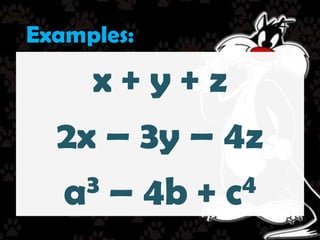 REVIEW:What is a polynomial? How can we differentiate a polynomial     from not a polynomial?What are the two parts of a term?What are the classifications of a polynomial? Differentiate each classification.