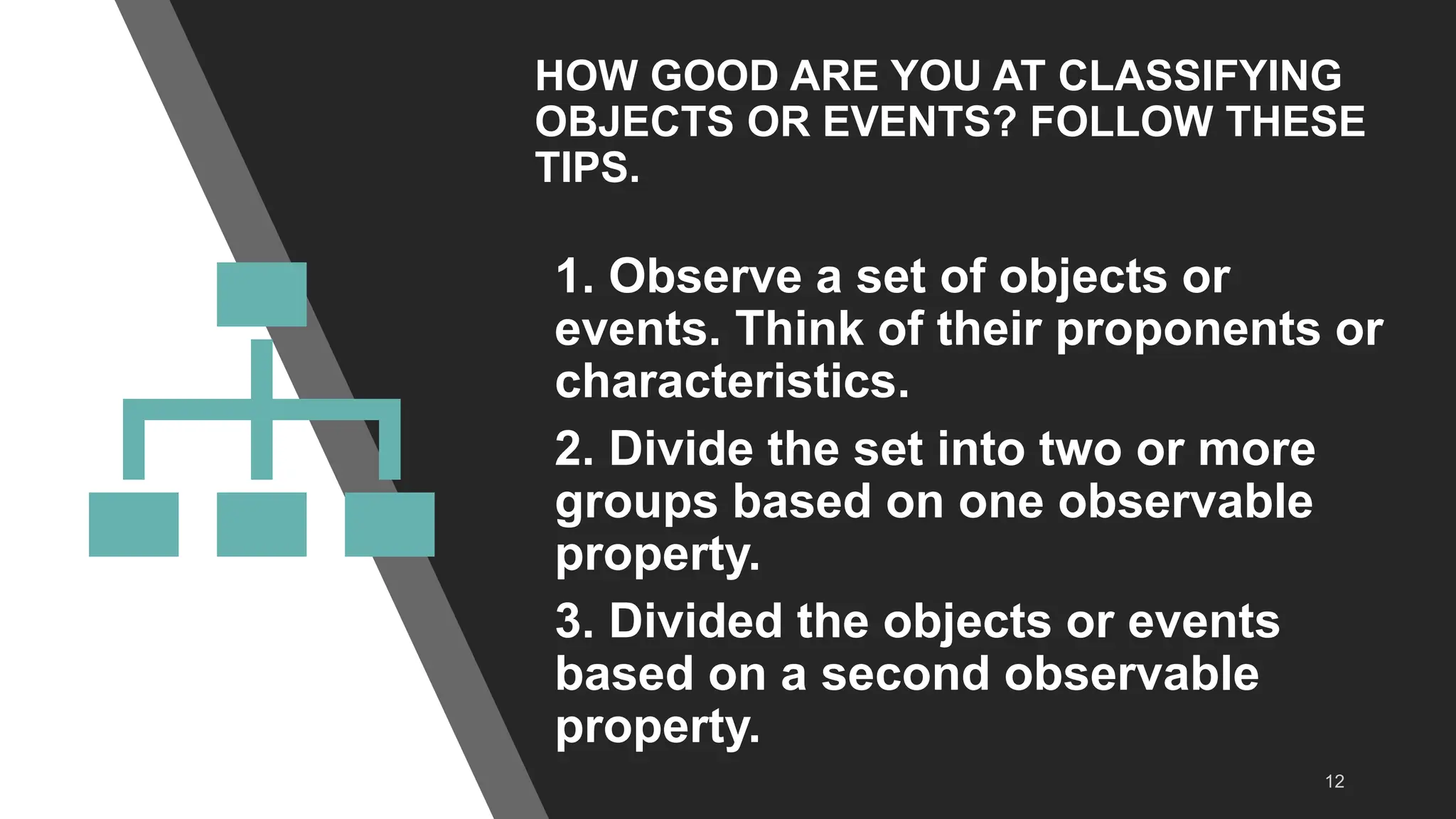 HOW GOOD ARE YOU AT CLASSIFYING
OBJECTS OR EVENTS? FOLLOW THESE
TIPS.
1. Observe a set of objects or
events. Think of their proponents or
characteristics.
2. Divide the set into two or more
groups based on one observable
property.
3. Divided the objects or events
based on a second observable
property.