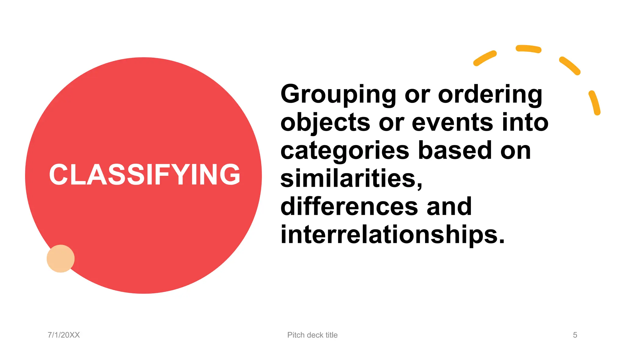 CLASSIFYING
Grouping or ordering
objects or events into
categories based on
similarities,
differences and
interrelationships.
7/1/20XX Pitch deck title 5